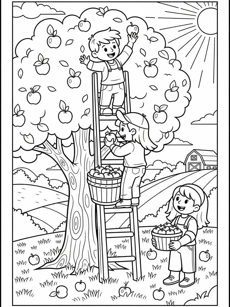 Desenho de Crianças Colhendo Maçãs para Colorir