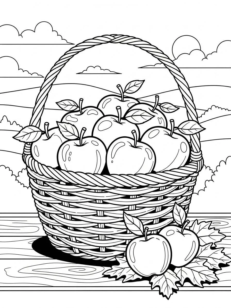 Desenho de Cesta de Maçãs para Colorir