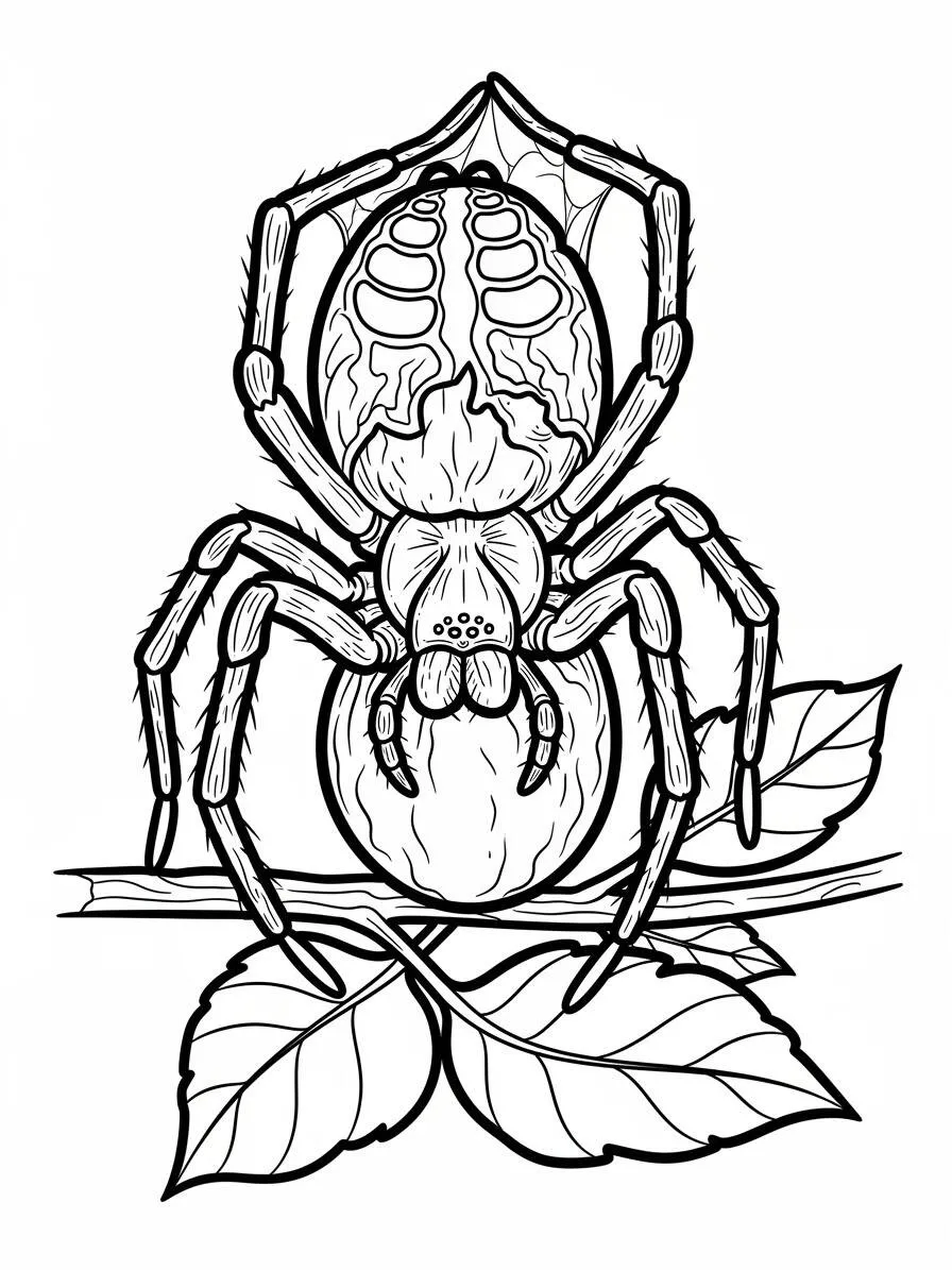 Desenho de Aranha Realista para Colorir com Folhas