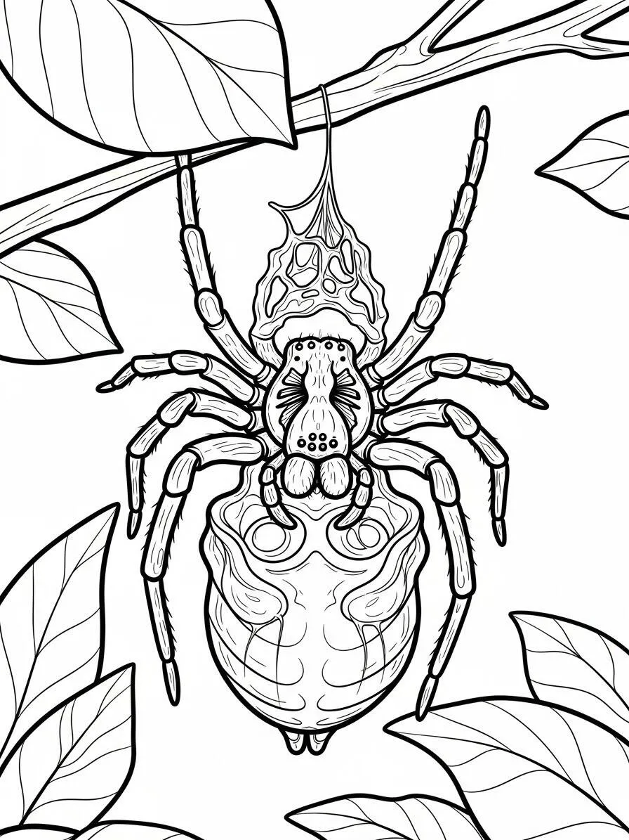 Página para colorear de araña realista colgando de una rama