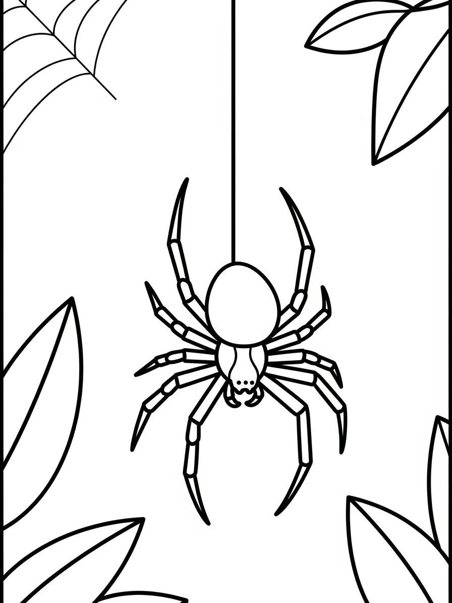 Página para colorear de araña colgando de la red