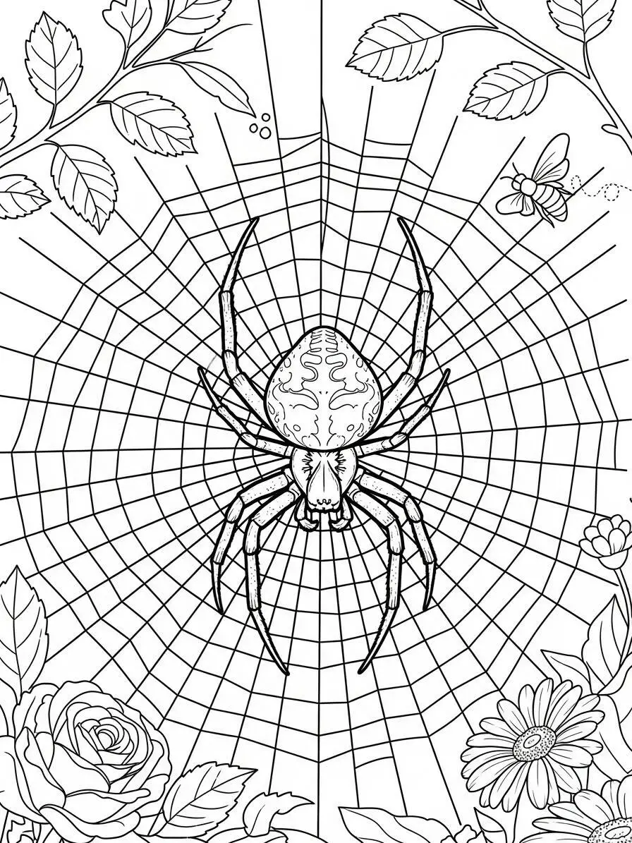 Página para colorear de la intrigante araña en la red