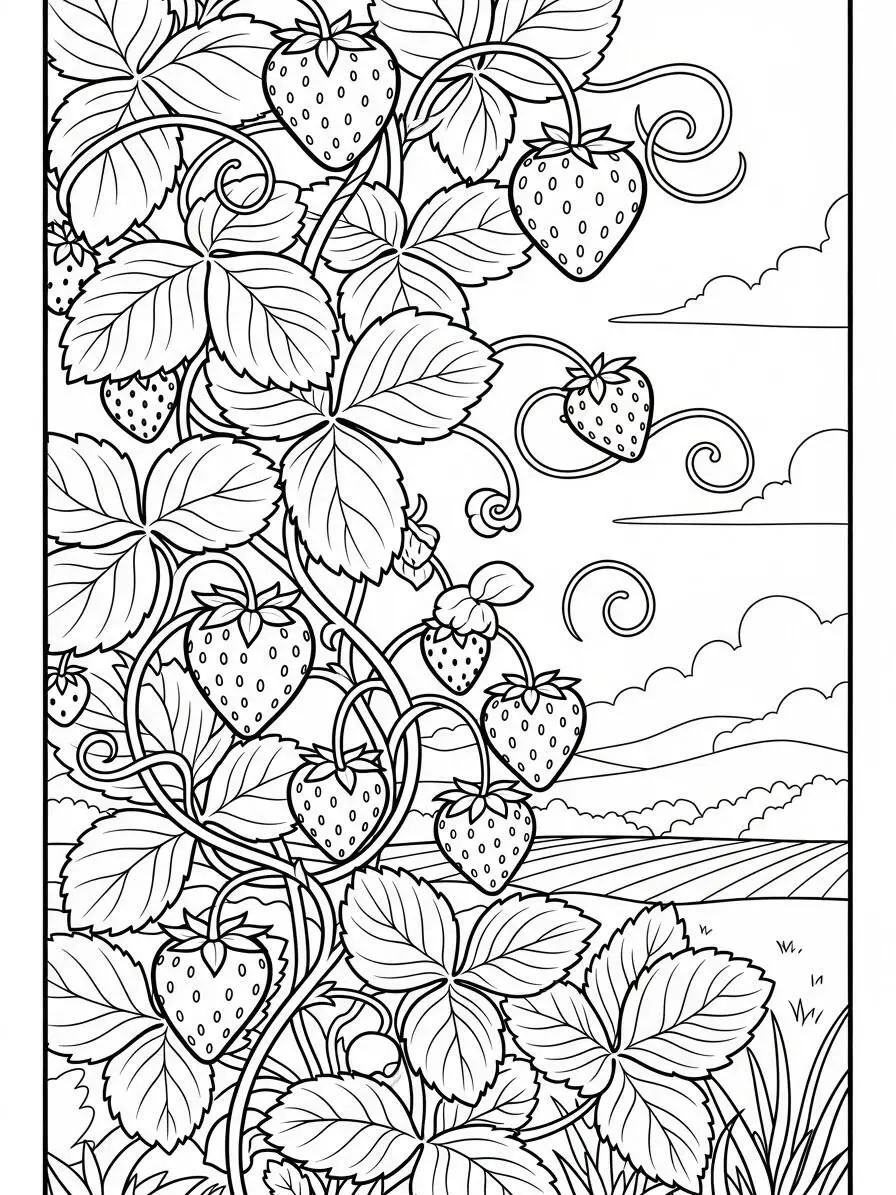 Desenho de Morangos Crescendo na Videira para Colorir