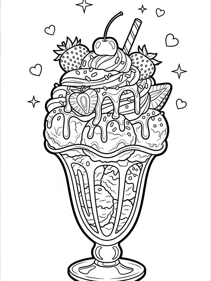 Desenho de Sundae com Morangos para Colorir