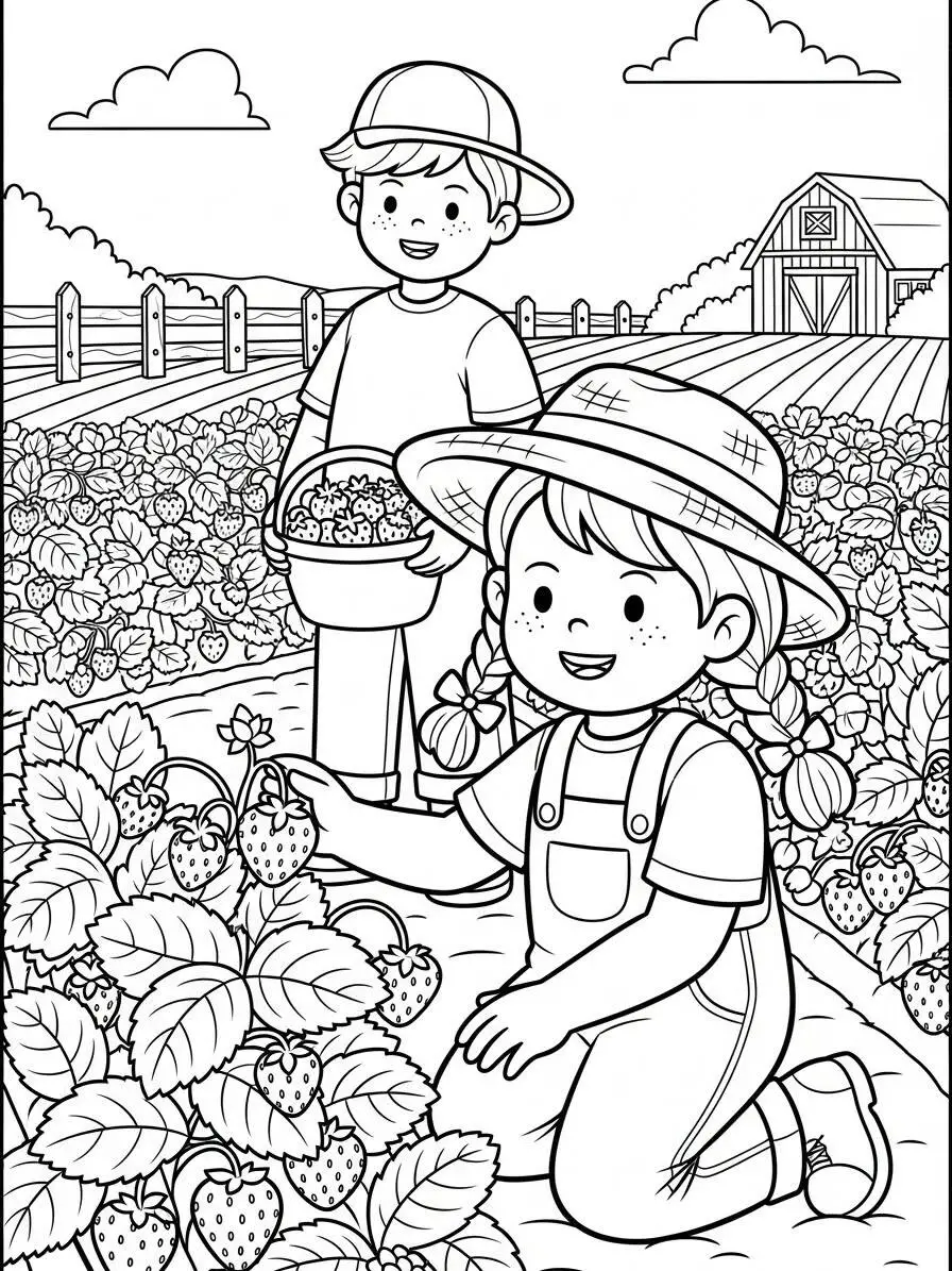 Desenho de Crianças Colhendo Morangos para Colorir
