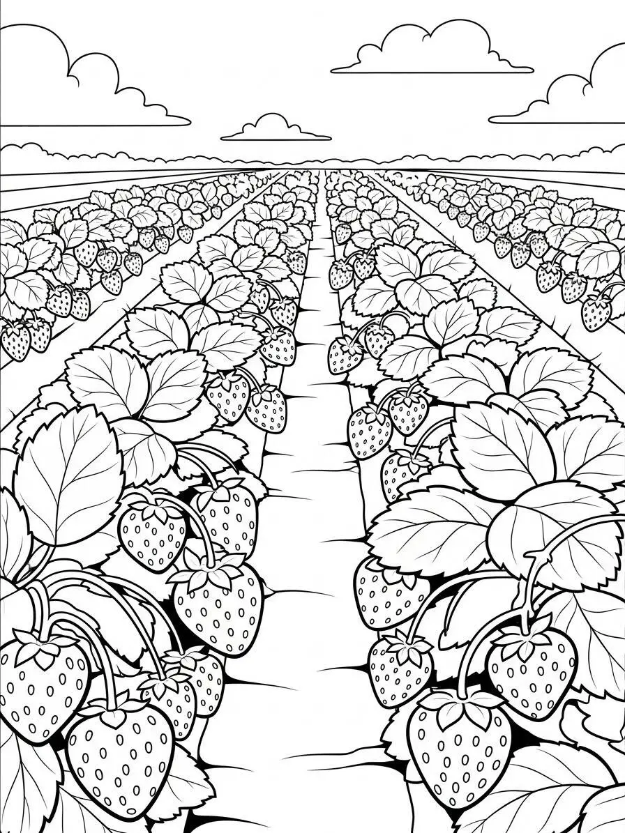 Desenho de Morangos em um Campo para Colorir
