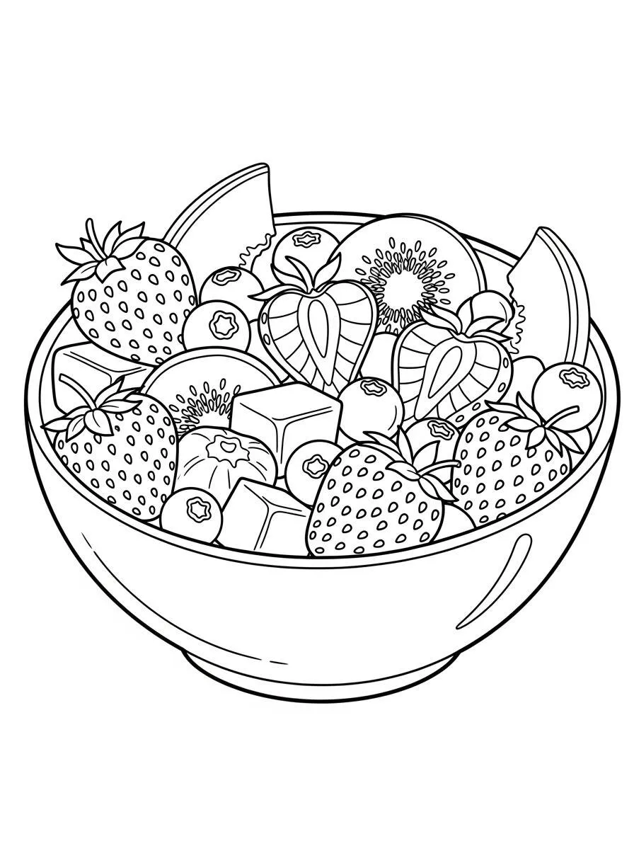 Desenho de Morangos e Frutas em uma Tigela para Colorir