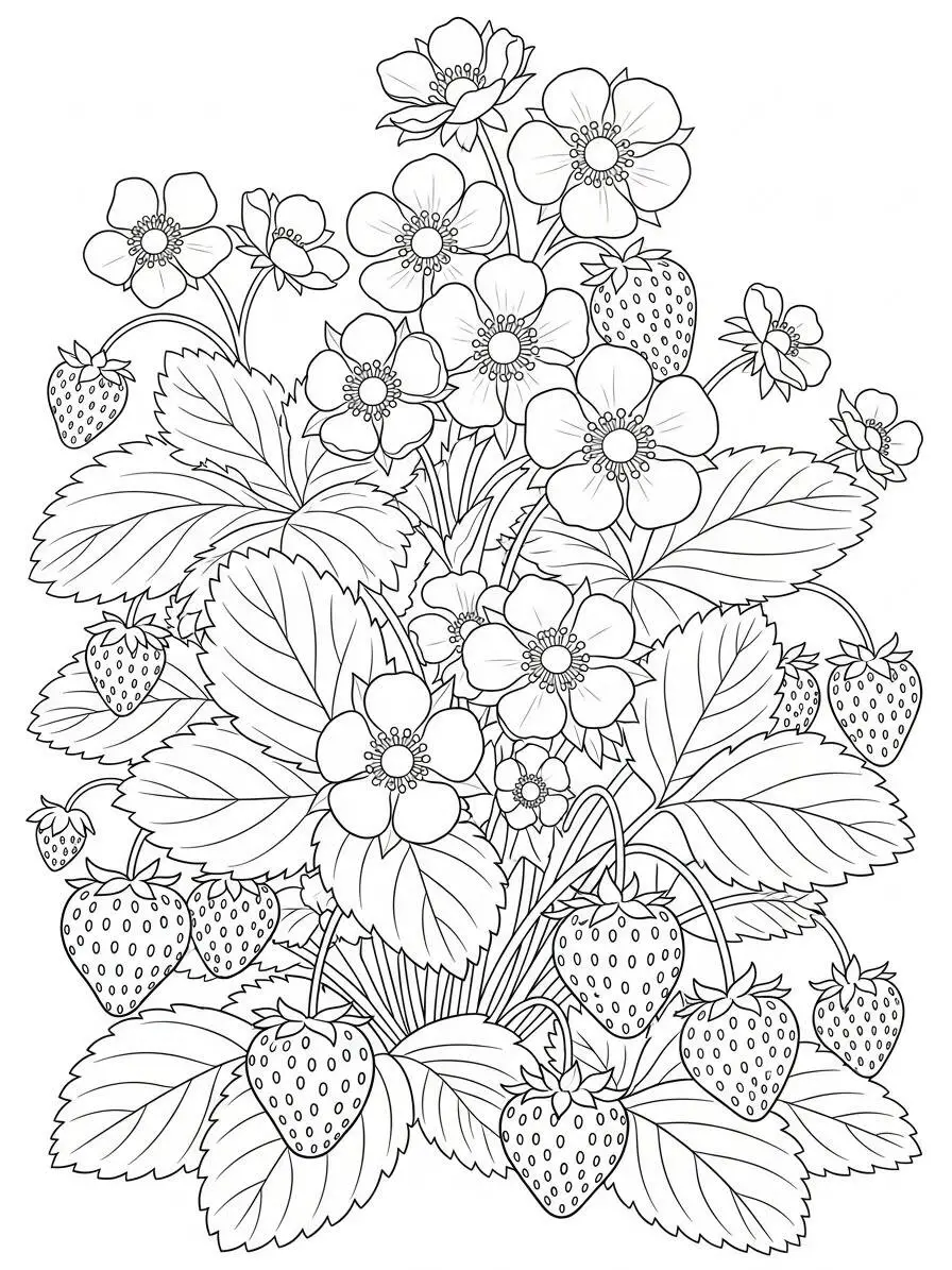 Desenho de Morangos e Flores para Colorir