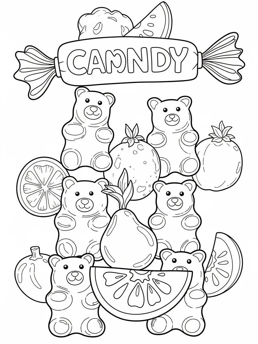 Dibujo para colorear de dulces de colores con ositos de peluche