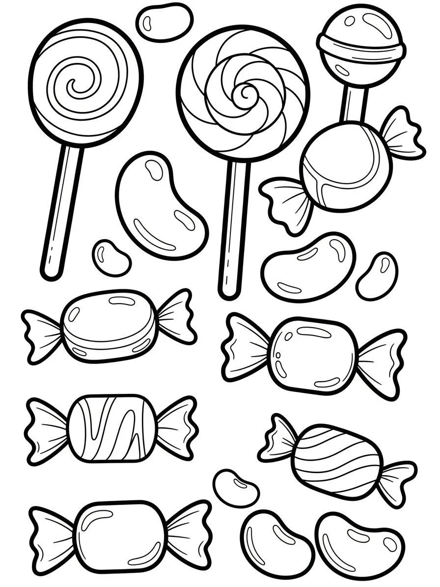 Dibujo de Dulces de colores con piruletas y caramelos para colorear