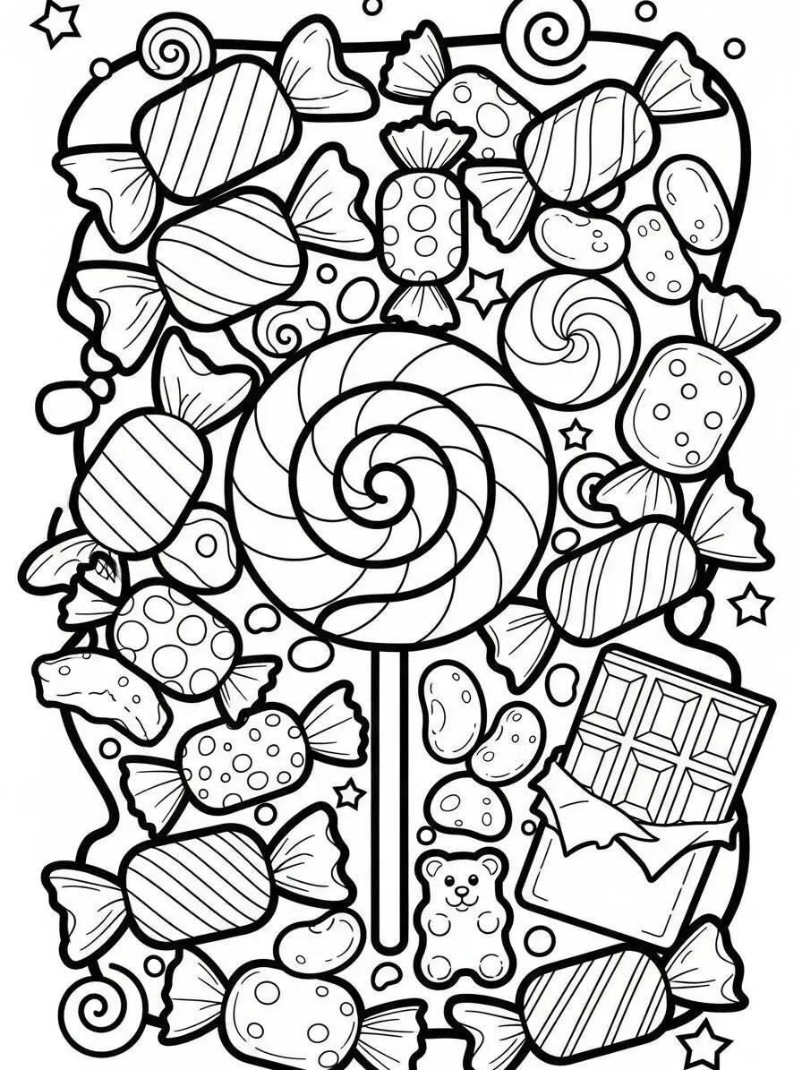 Dibujo para colorear de caramelos de colores con piruleta y chocolate