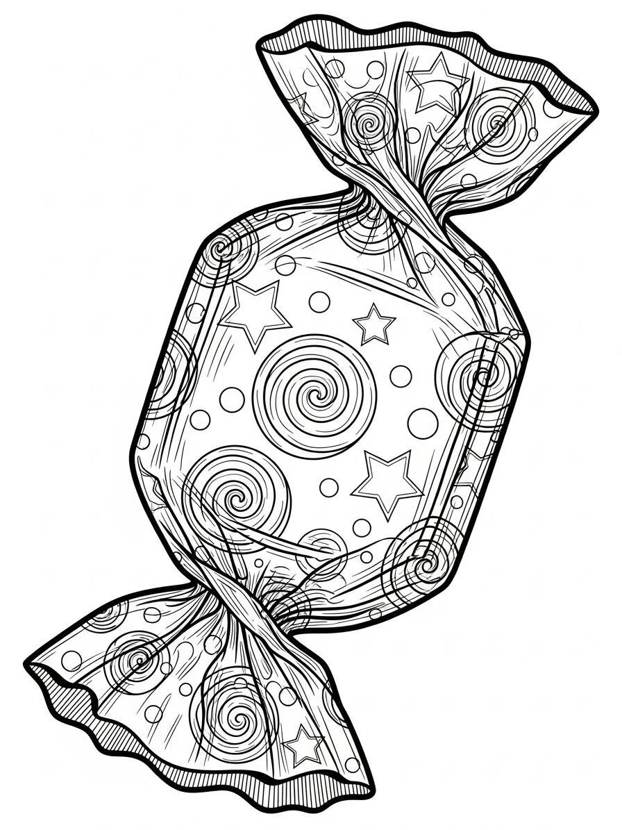 Página para colorear de caramelos de colores con estrellas y espirales