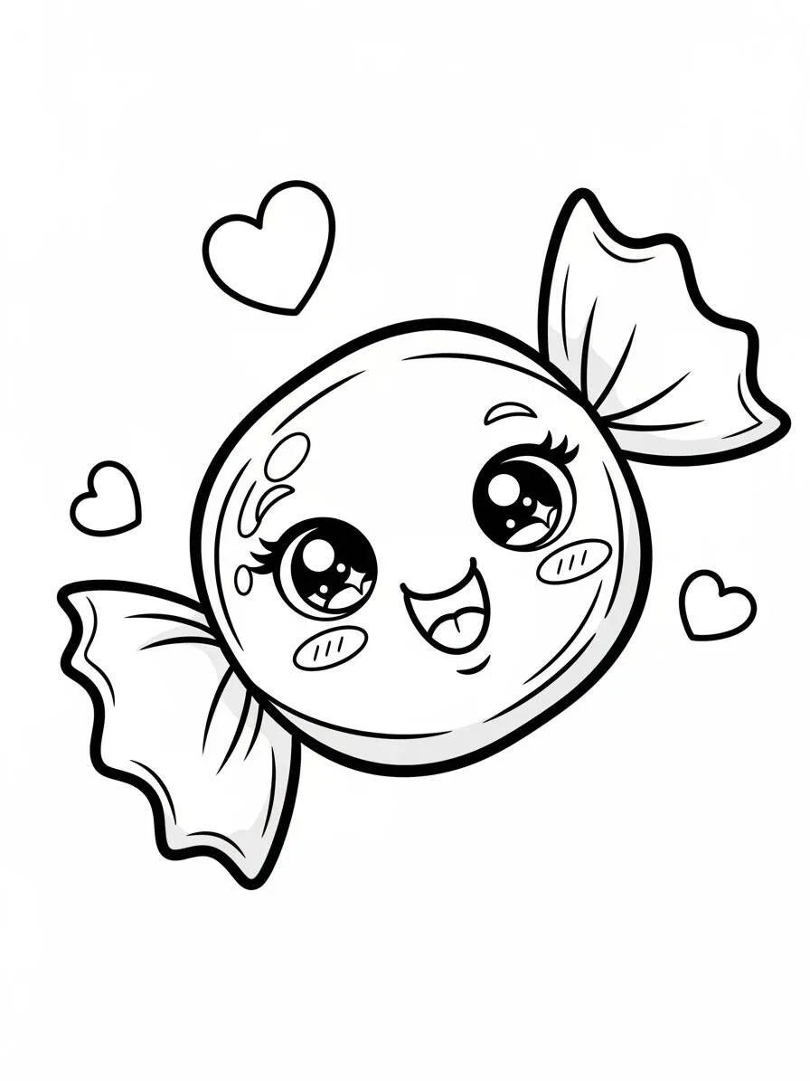 Página para colorear de caramelos kawaii con ojos grandes