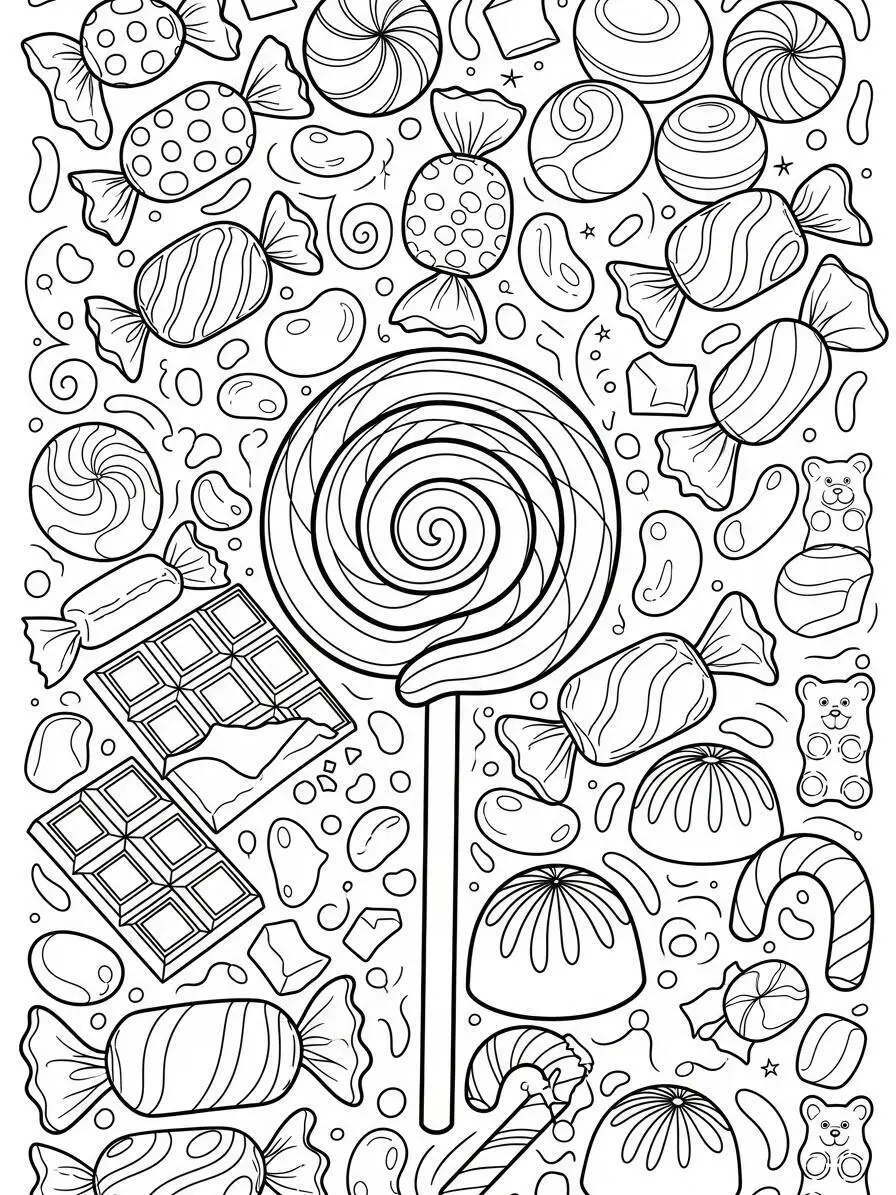 Página para colorear de dulces coloridos con piruleta y chocolates