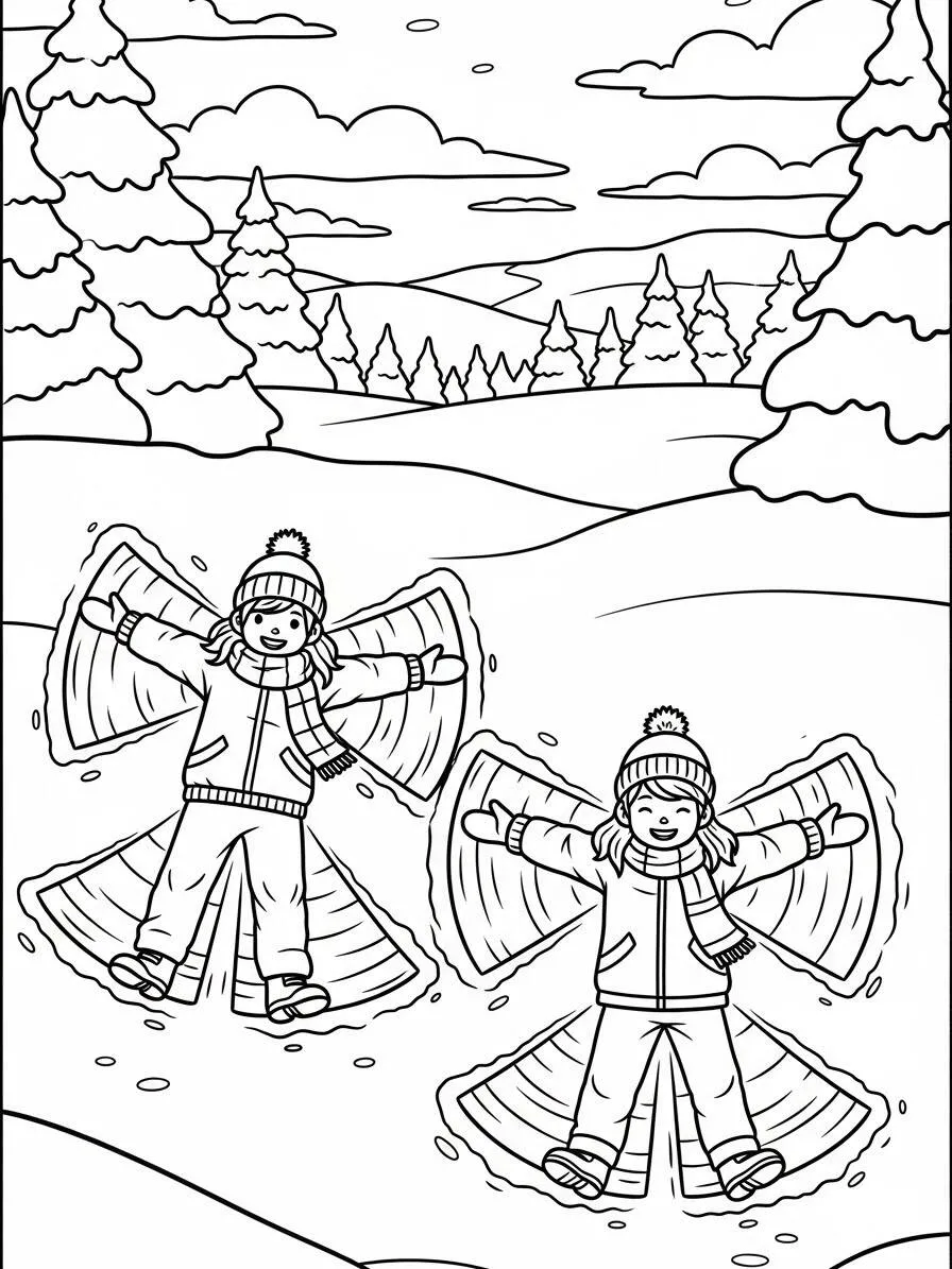 Desenho de Inverno com Crianças Fazendo Anjos na Neve para Colorir