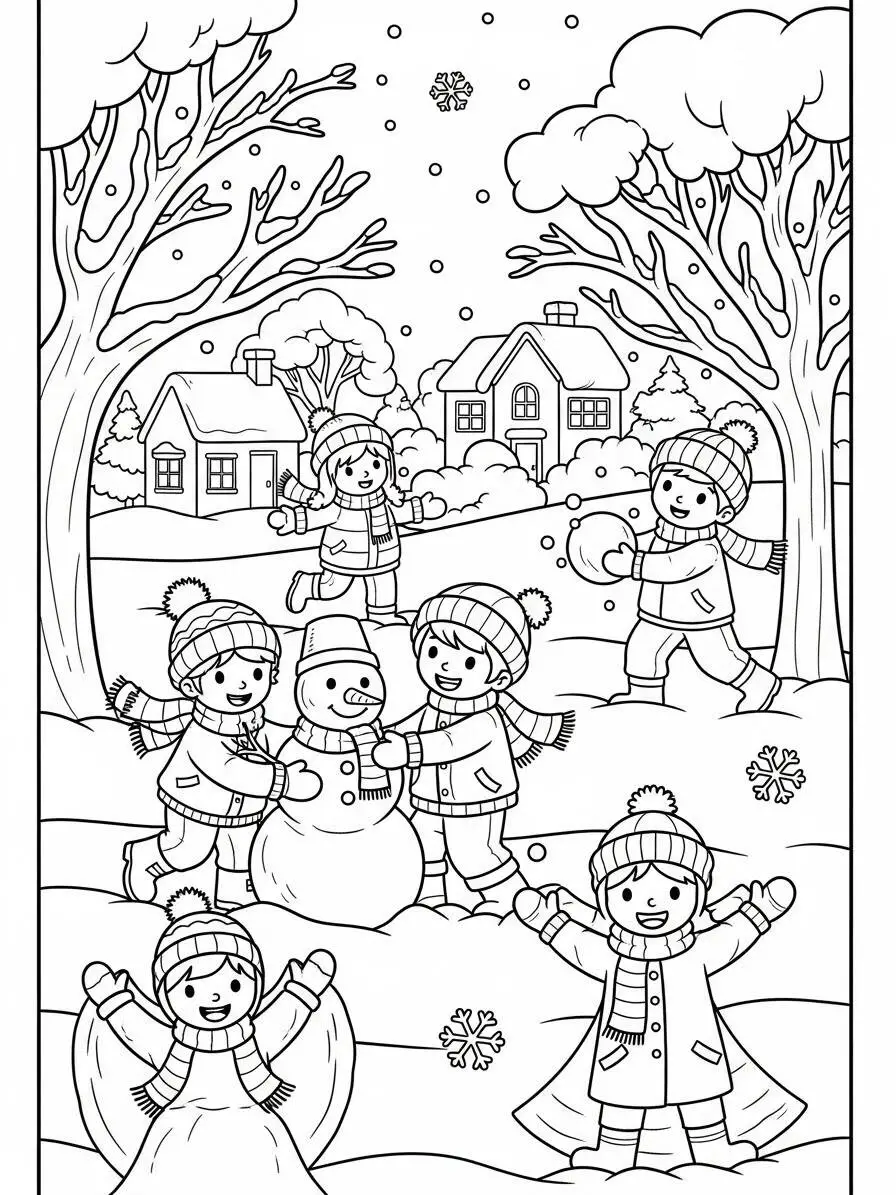 Desenho de Inverno com Crianças Brincando na Neve para Colorir