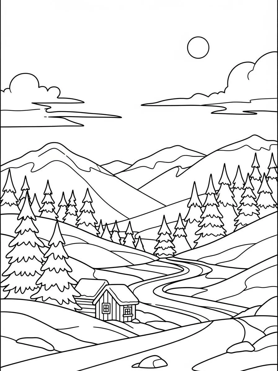 Desenho de Inverno com Paisagem Neve para Colorir