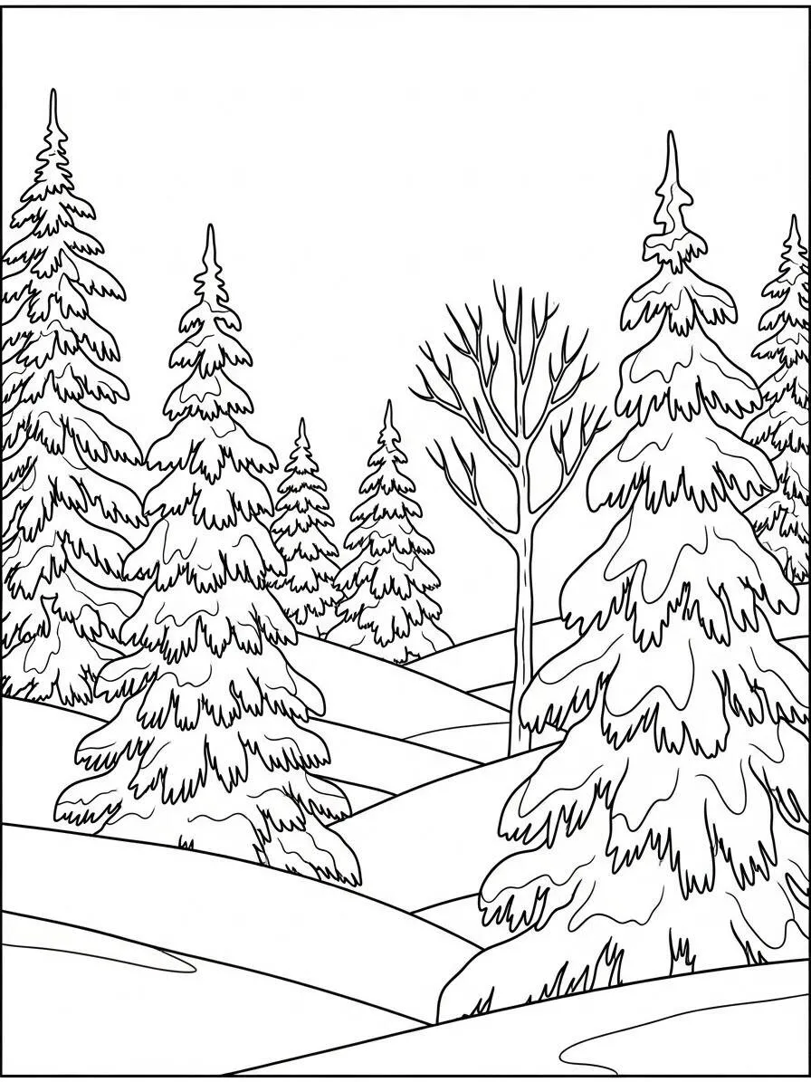Desenho de Inverno com Paisagem Nevada para Colorir
