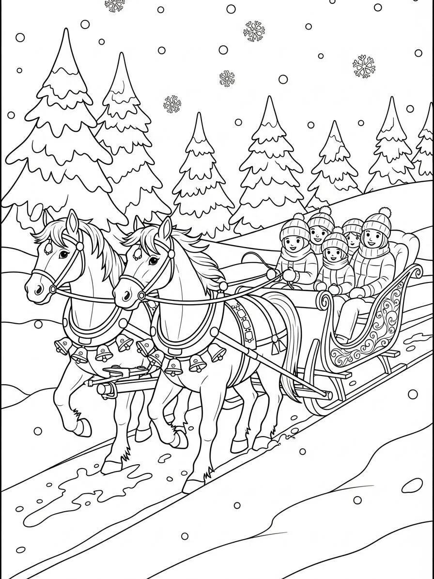 Desenho de Inverno com Trenó e Cavalos para Colorir