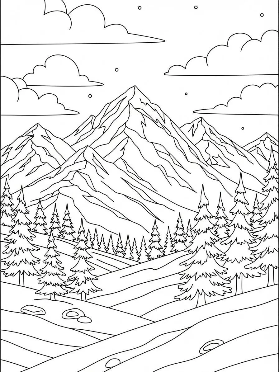 Desenho de Inverno com Montanhas e Florestas para Colorir