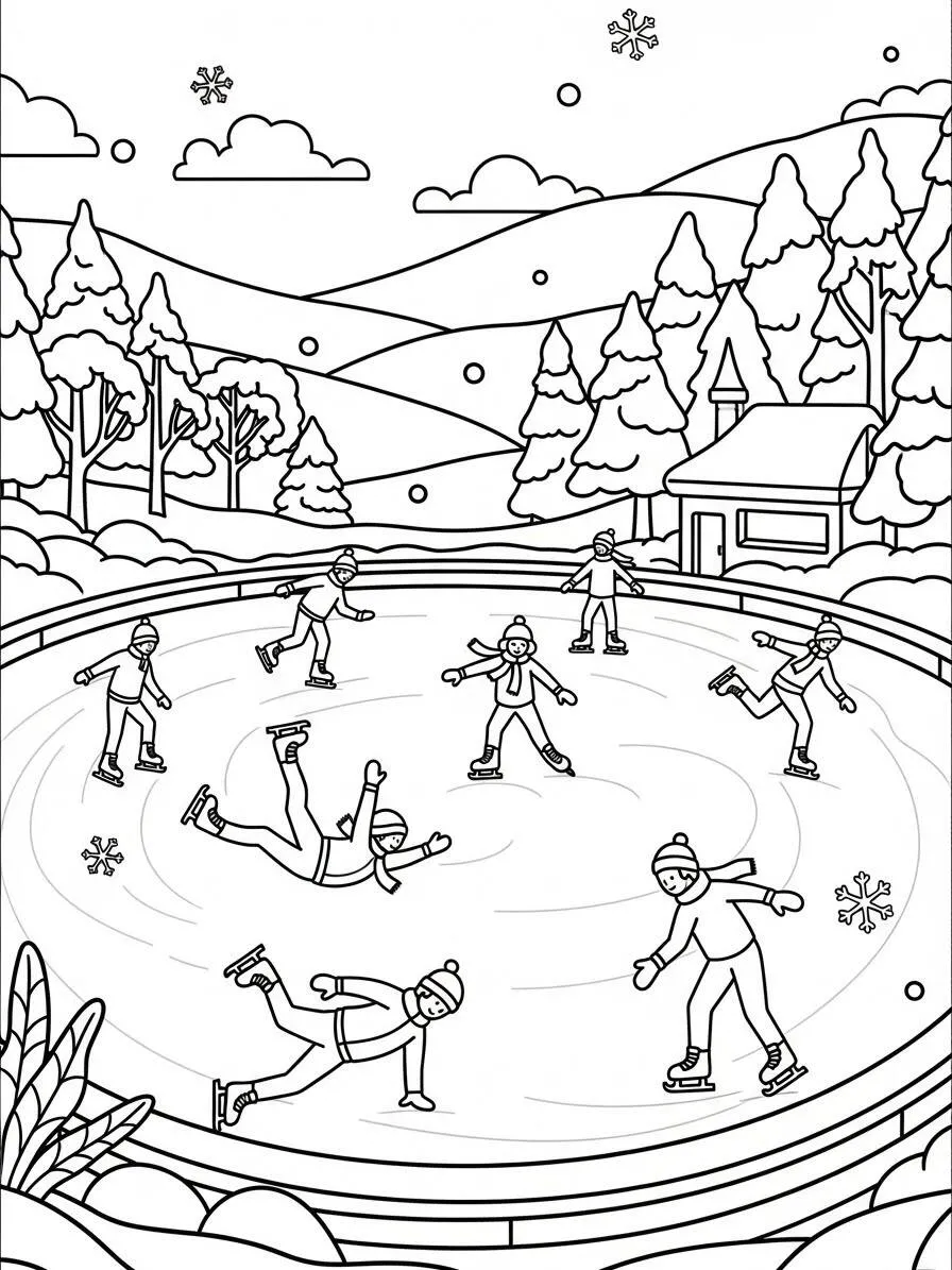 Desenho de Inverno com Patinação no Gelo para Colorir