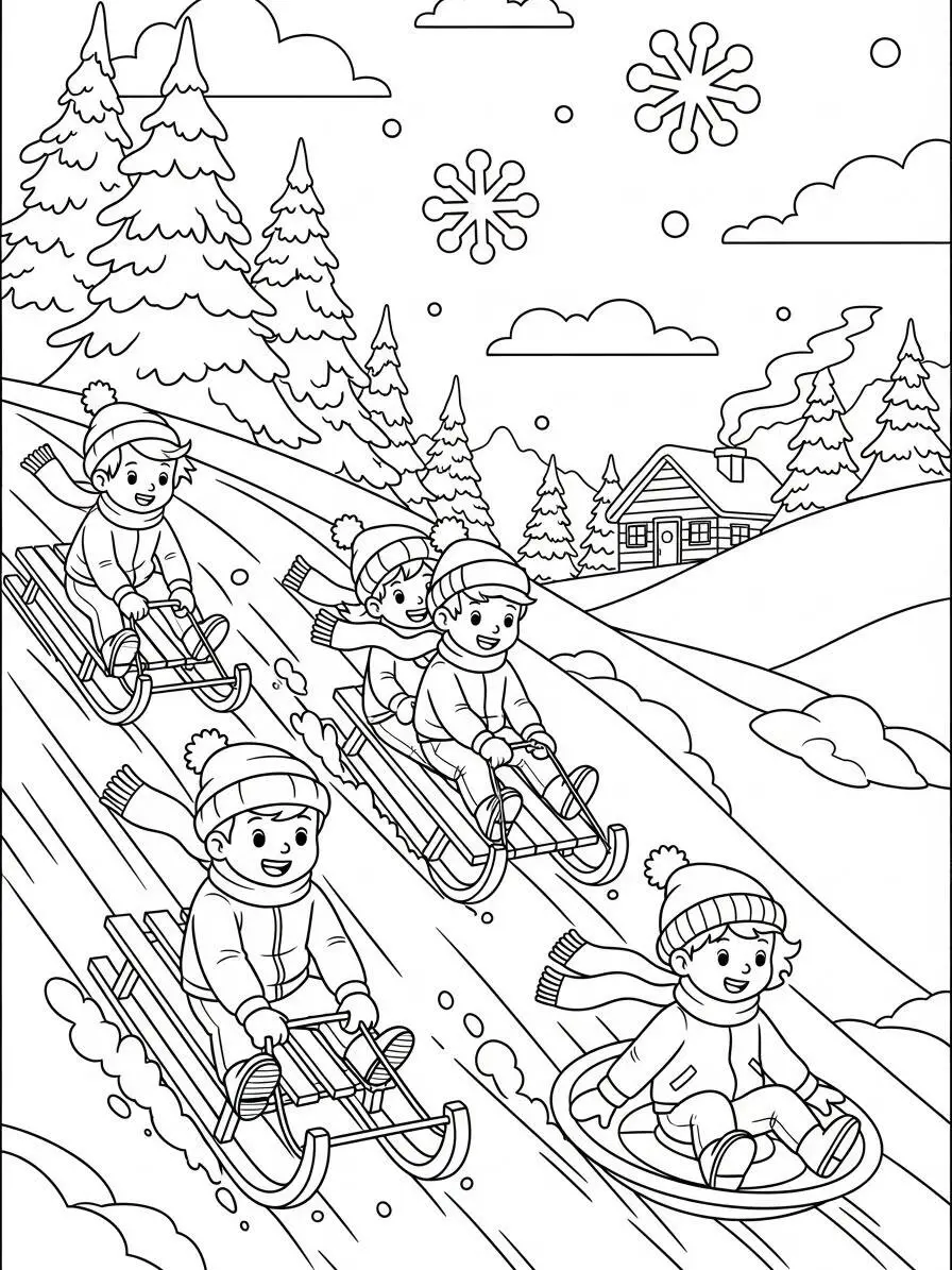 Desenho de Inverno com Crianças Brincando na Neve para Colorir