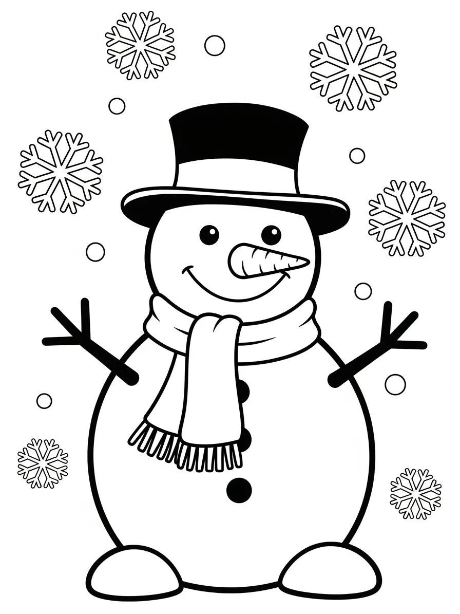 Desenho de Inverno com Boneco de Neve e Flocos de Neve para Colorir