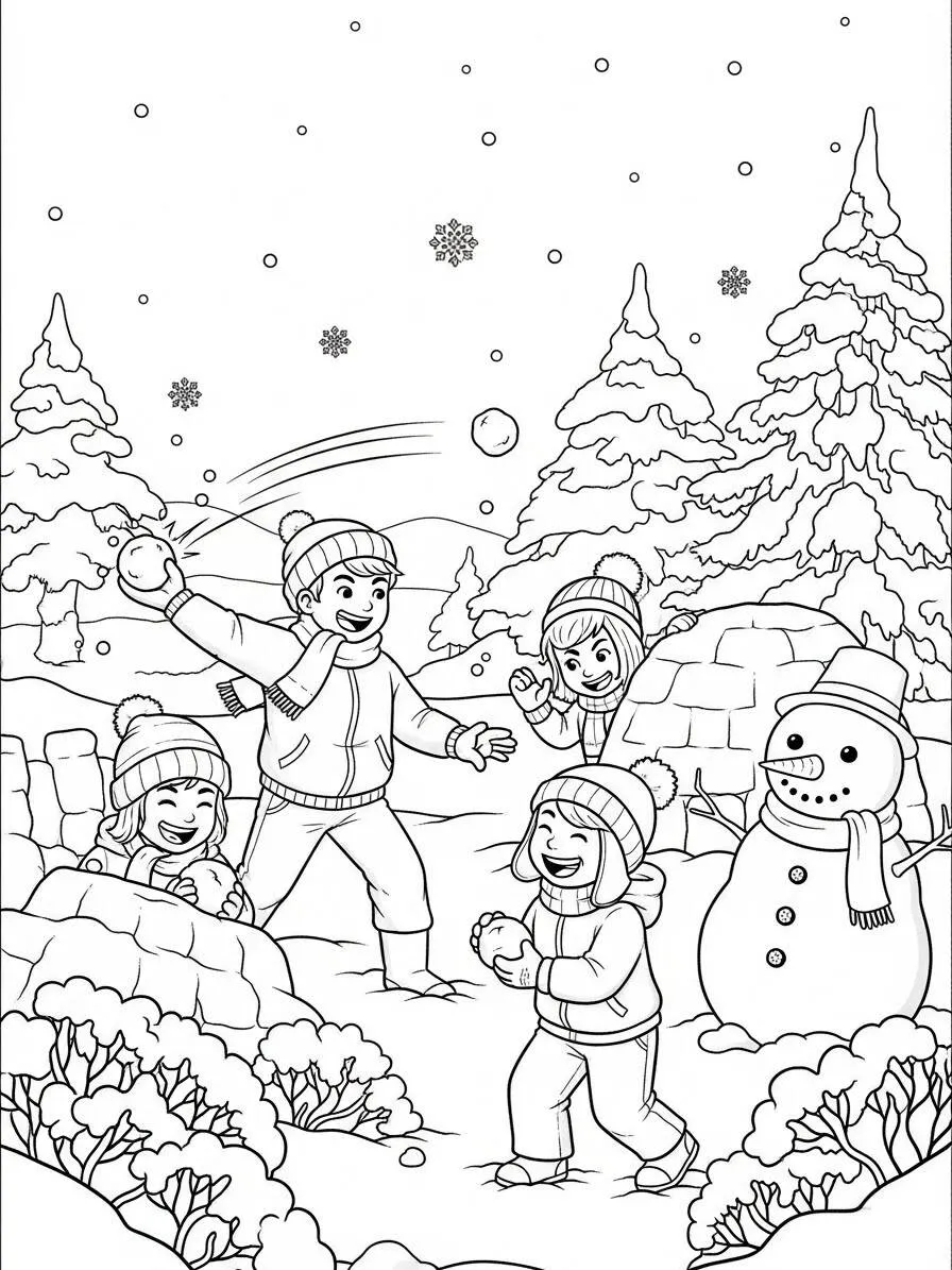 Desenho de Inverno com Crianças Brincando na Neve para Colorir