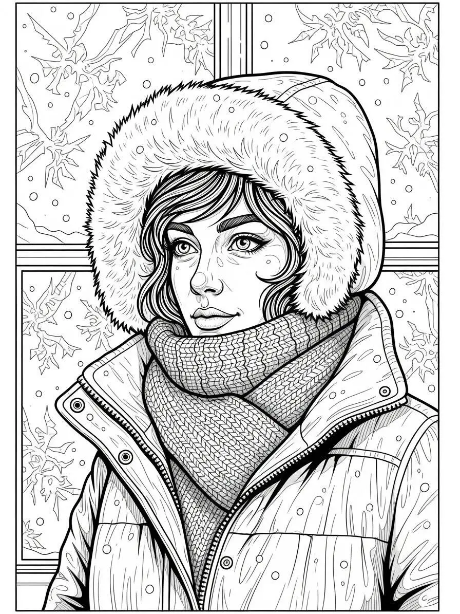 Desenho de Inverno com Mulher de Casaco para Colorir