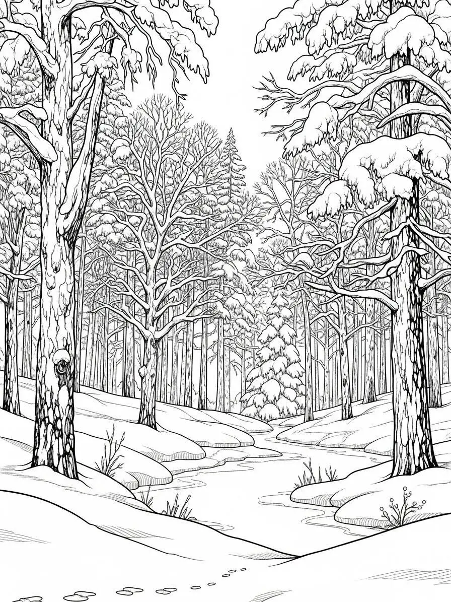 Desenho de Inverno com Paisagem Nevada para Colorir