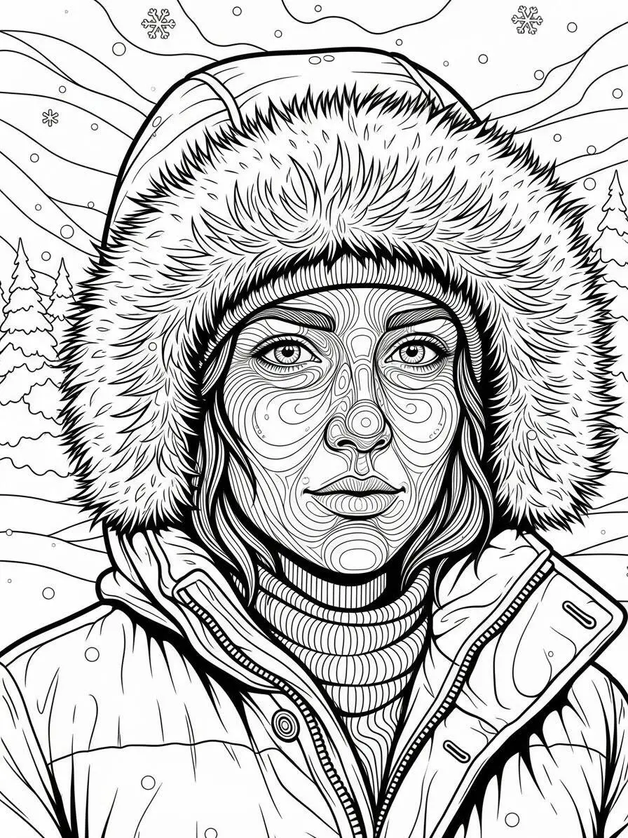 Desenho de Inverno com Mulher na Neve para Colorir