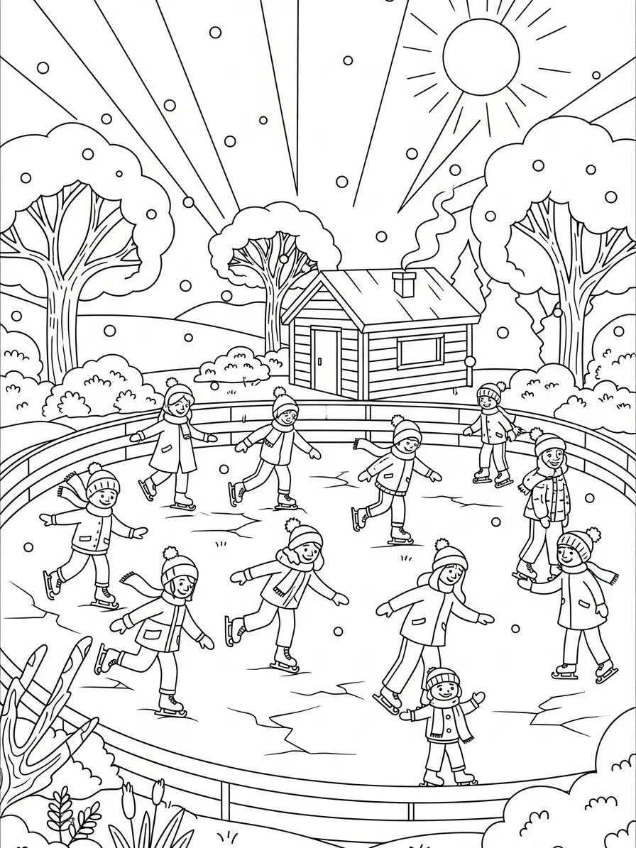Desenho de Inverno com Patinação no Gelo para Colorir