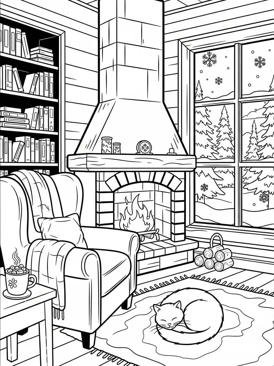 Desenho de Inverno com Lareira e Gato para Colorir