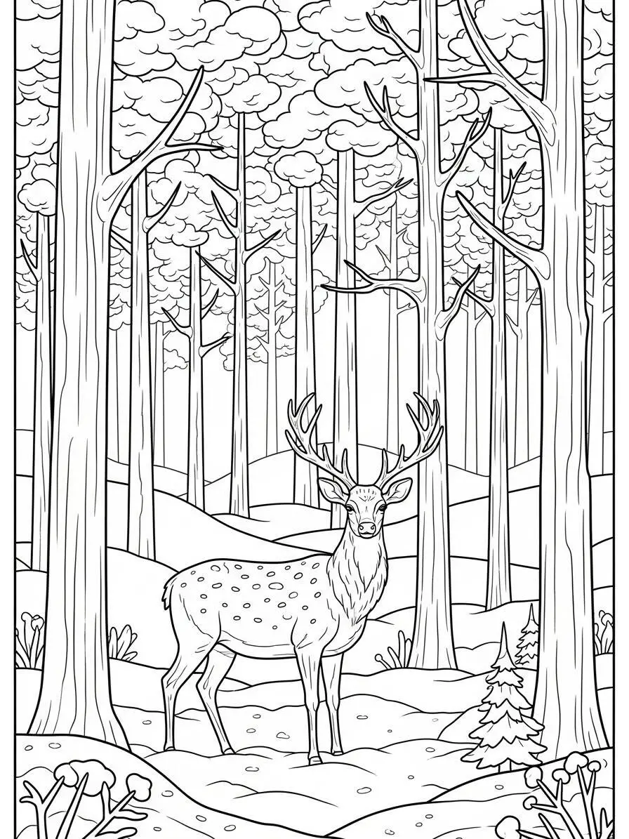 Desenho de Inverno com Veado na Floresta para Colorir
