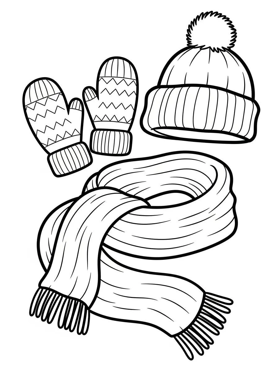 Dibujo de Invierno con Guantes, Gorro y Bufanda para Colorear