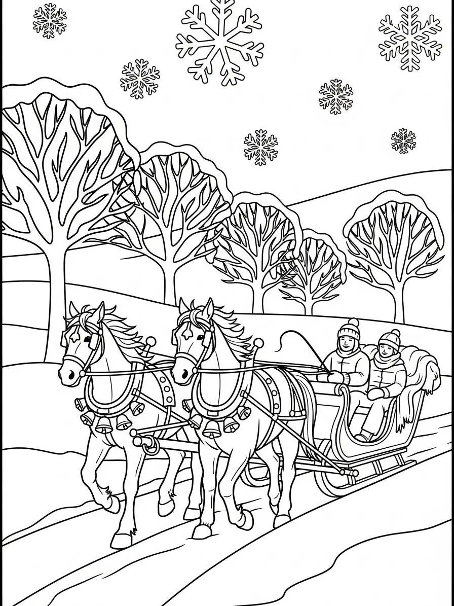 Desenho de Inverno com Trenó e Cavalos para Colorir