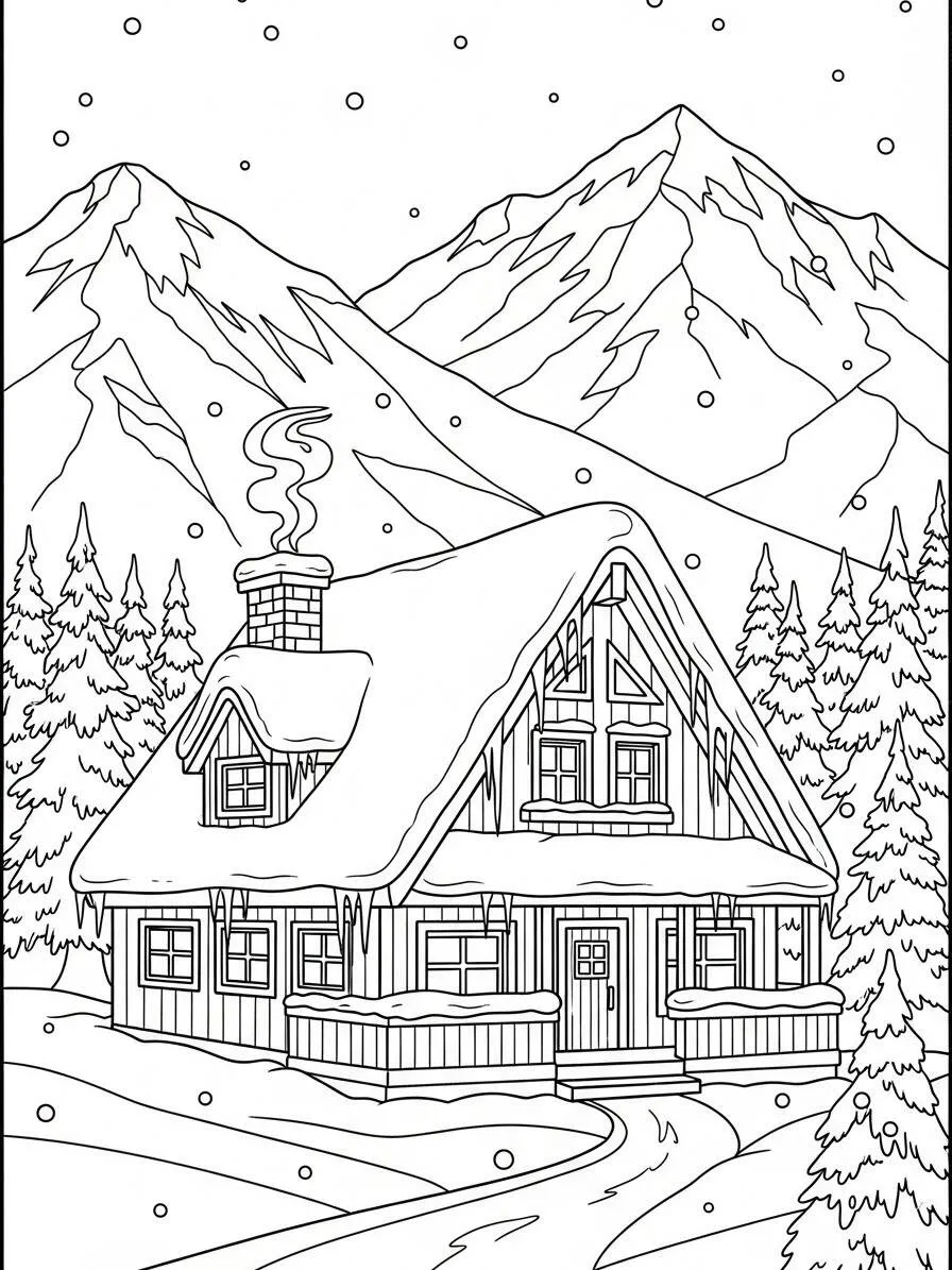 Desenho de Inverno com Casa na Neve para Colorir