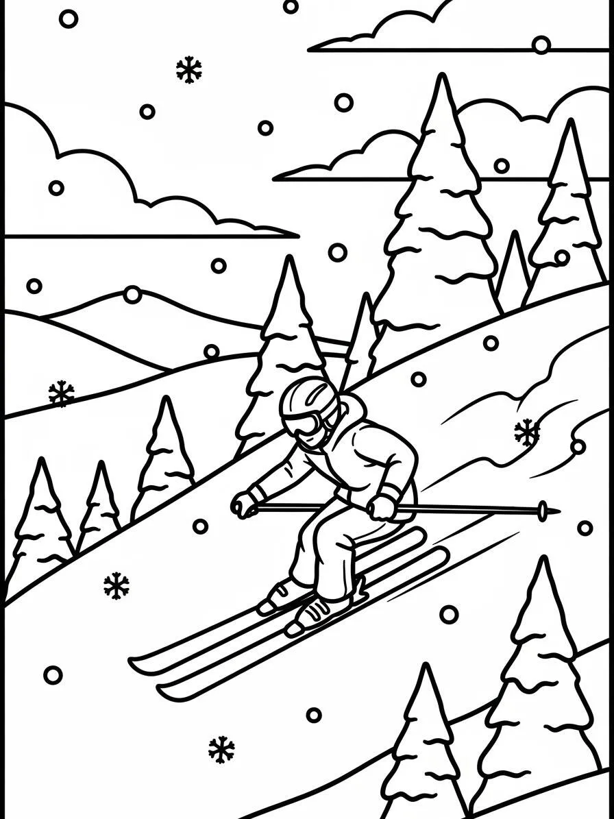 Desenho de Inverno com Esquiador para Colorir