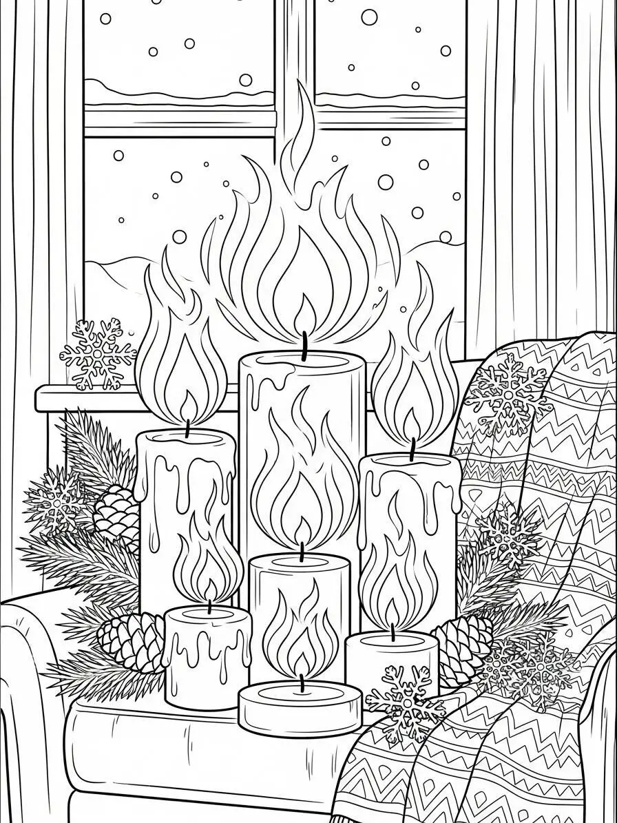 Desenho de Inverno com Velas Acesas para Colorir