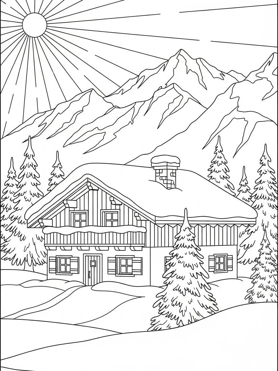 Desenho de Inverno com Casa na Montanha para Colorir