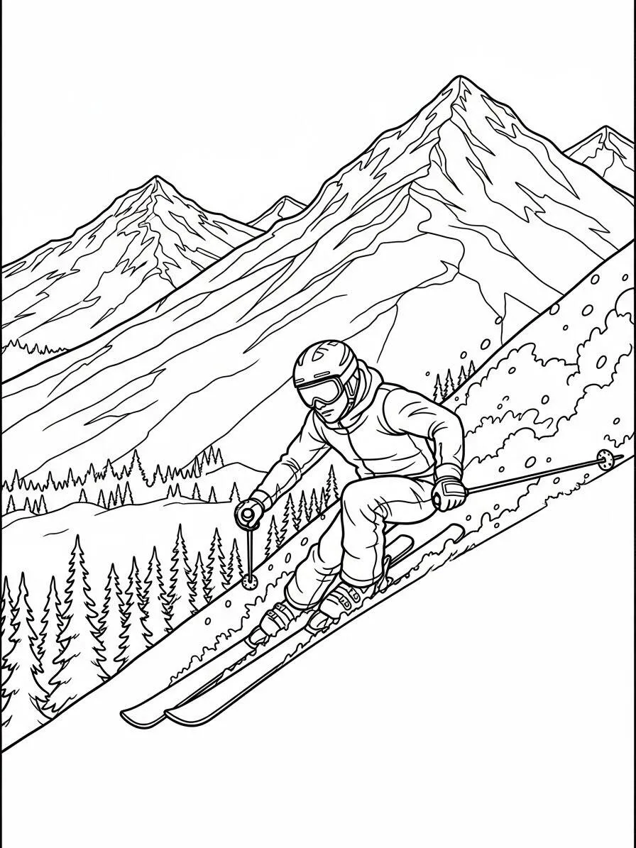 Desenho de Inverno com Esquiador para Colorir