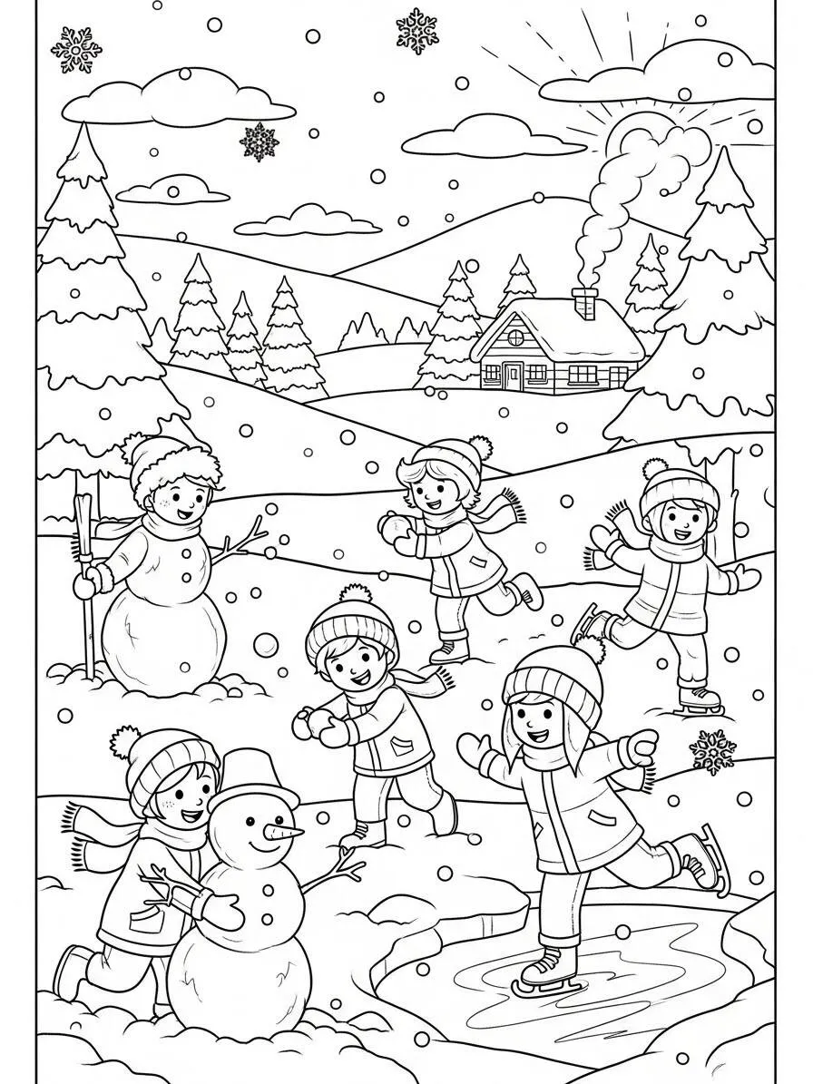 Desenho de Inverno com Crianças Brincando na Neve para Colorir