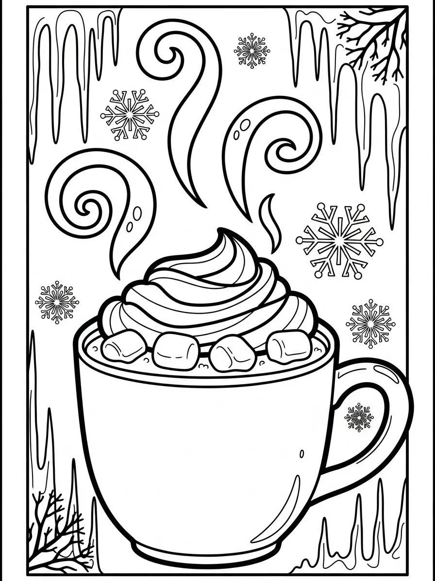 Desenho de Inverno com Caneca de Chocolate Quente para Colorir
