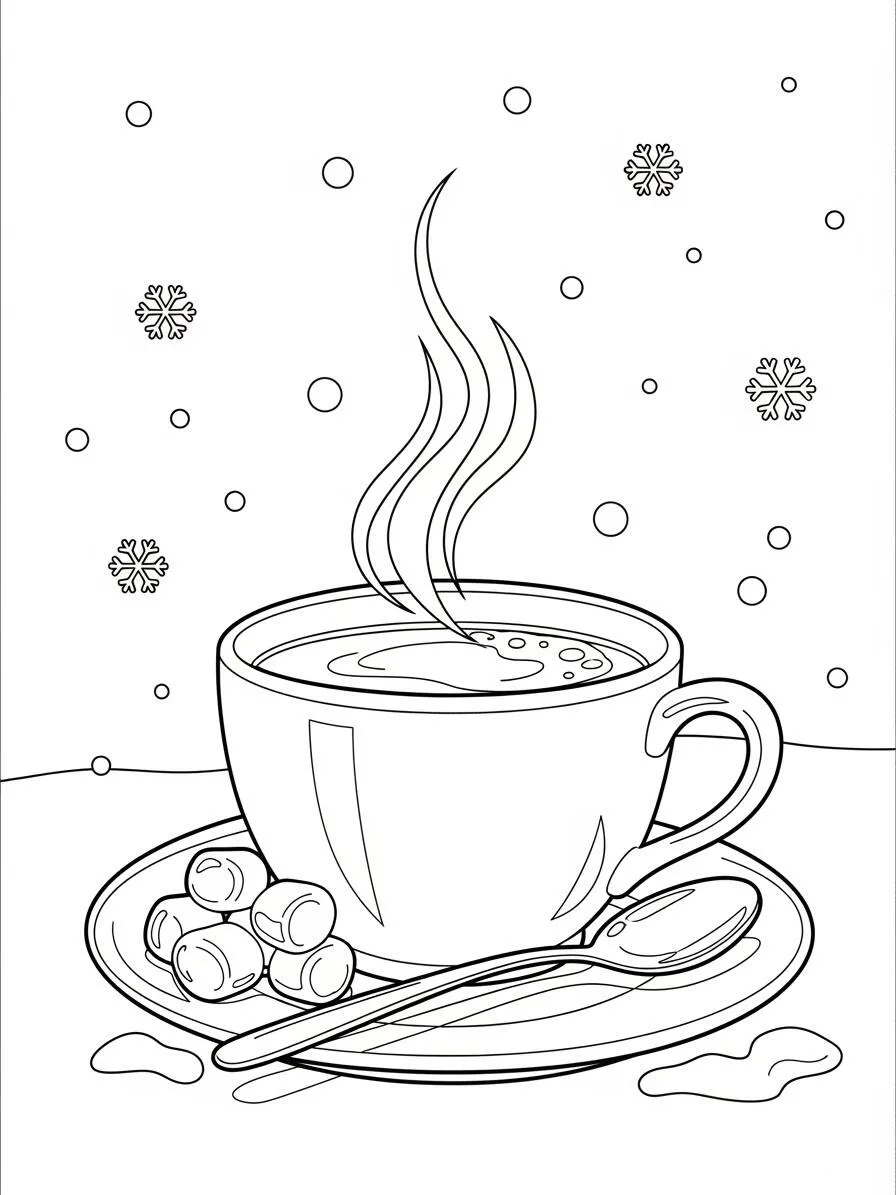 Desenho de Inverno com Caneca Quente para Colorir