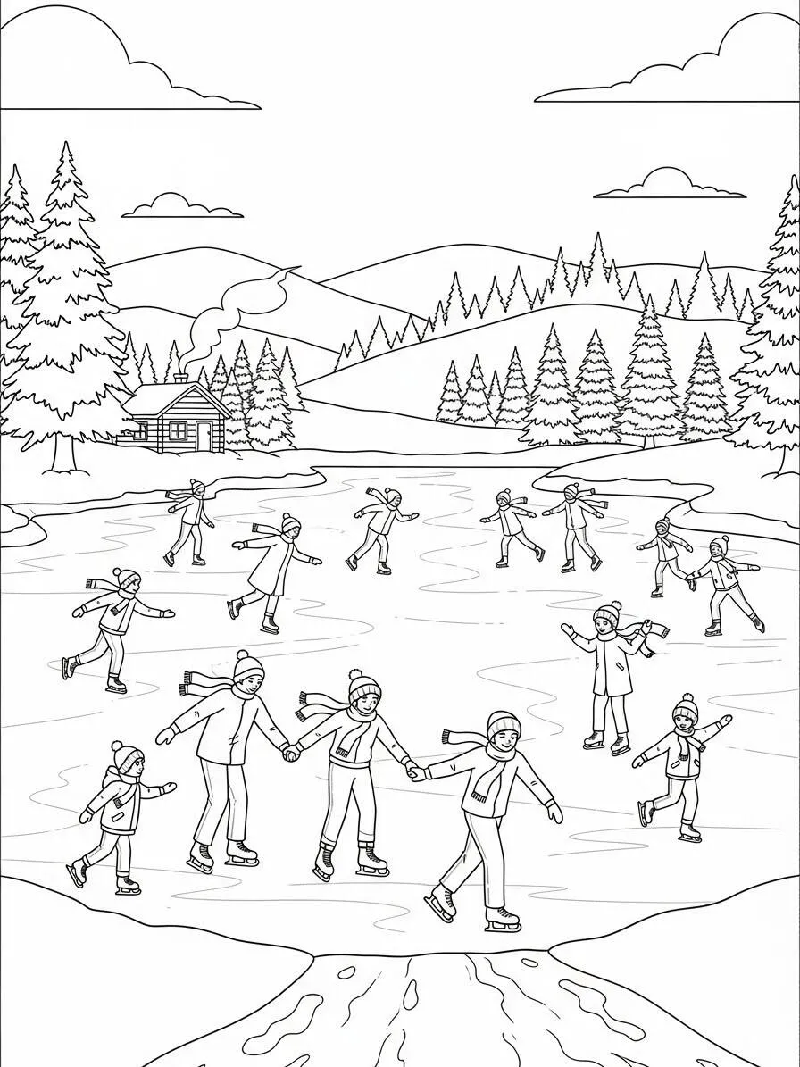 Desenho de Inverno com Patinadores no Lago para Colorir