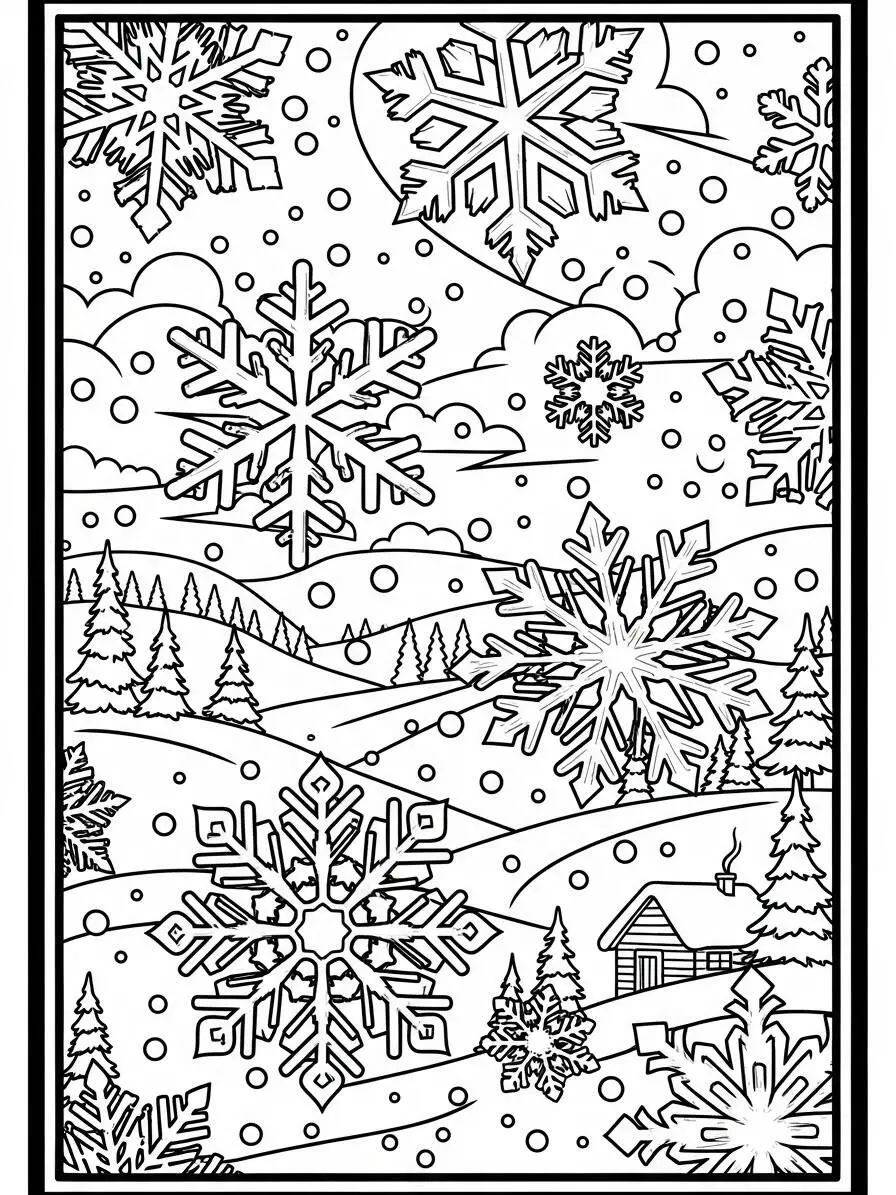 Desenho de Inverno com Flocos de Neve e Paisagem para Colorir