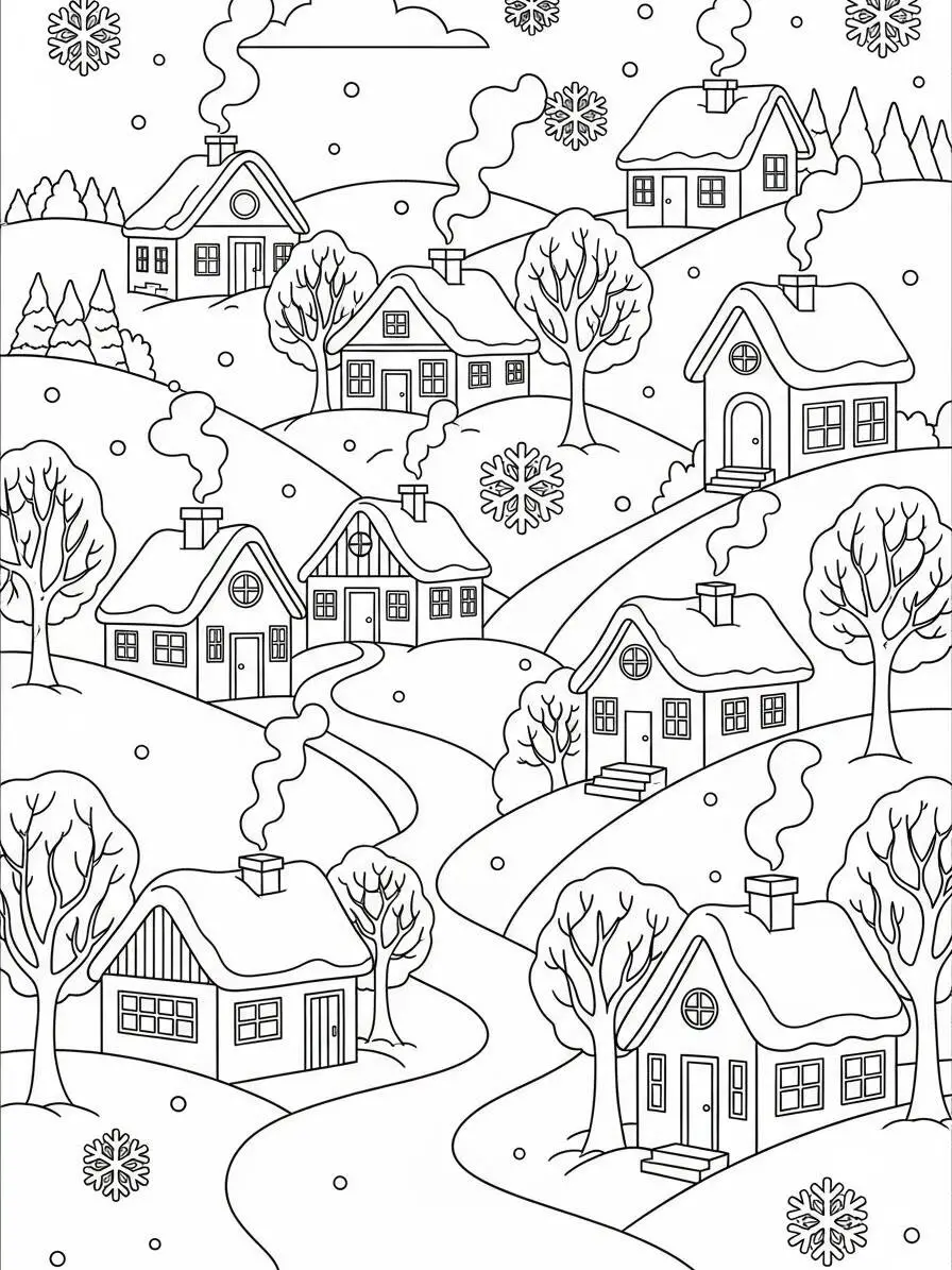Desenho de Inverno com Casas na Neve para Colorir