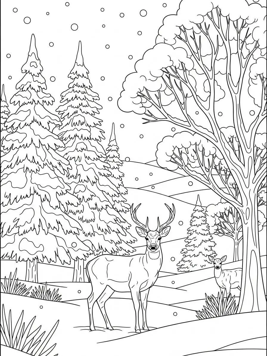 Desenho de Inverno com Veado na Neve para Colorir
