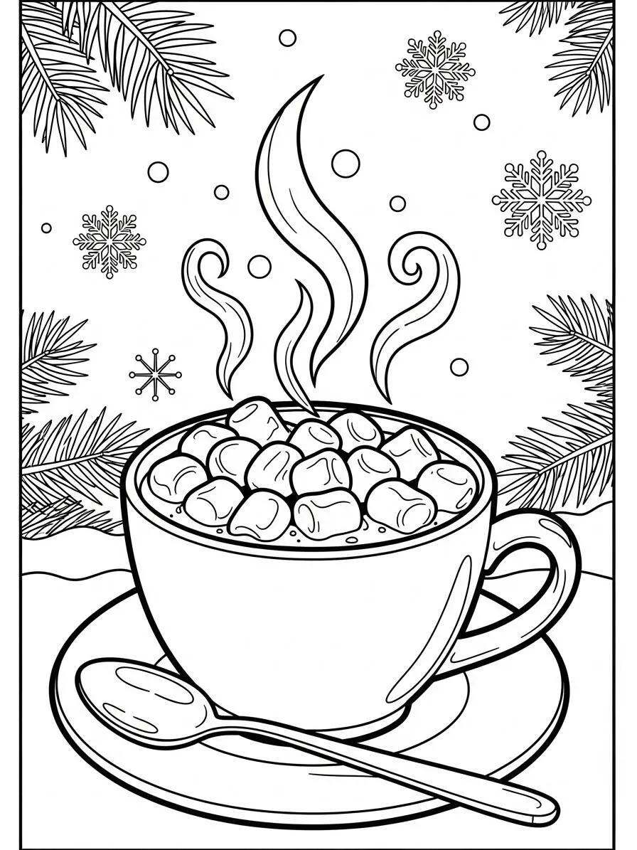 Desenho de Inverno com Caneca de Chocolate Quente para Colorir
