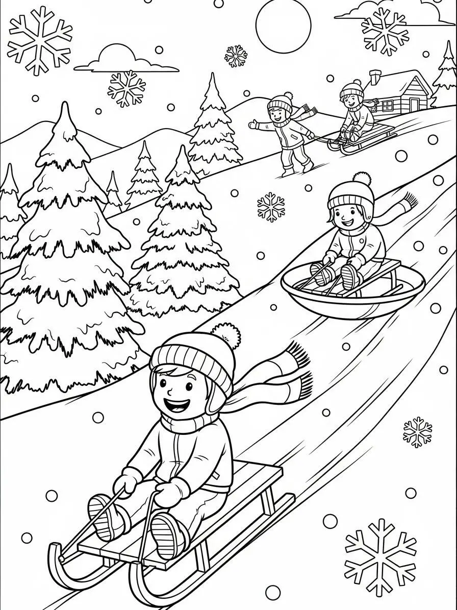Desenho de Inverno com Crianças Brincando na Neve para Colorir